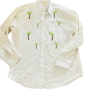 Tia women's button-down shirt, white, long embroidered palm trees, size L